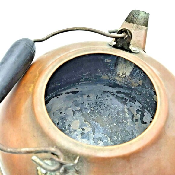 Large Copper Stovetop Tea Kettle Wooden Handle 7 inch Coffee Pot Wood Stove VTG - Picture 3 of 11